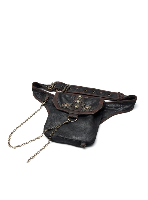 Metal Decoration Chain Leather Hasp Black Punk Retro Waist Bag