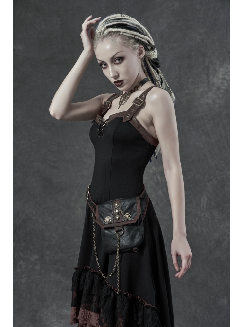 Metal Decoration Chain Leather Hasp Black Punk Retro Waist Bag