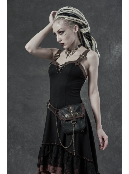 Metal Decoration Chain Leather Hasp Black Punk Retro Waist Bag