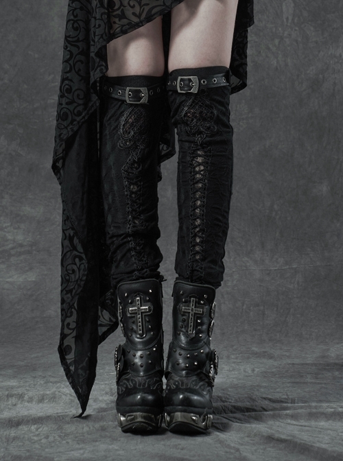 Metal Buckle Loop Lace-Up Front Embroidery Black Gothic Leg Sleeve