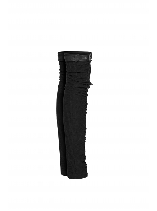 Metal Buckle Loop Lace-Up Front Embroidery Black Gothic Leg Sleeve