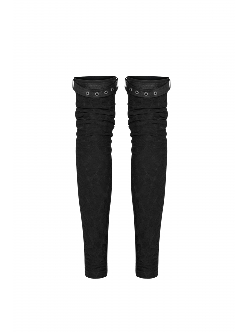 Metal Buckle Loop Lace-Up Front Embroidery Black Gothic Leg Sleeve