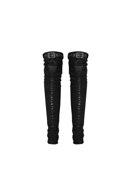 Metal Buckle Loop Lace-Up Front Embroidery Black Gothic Leg Sleeve
