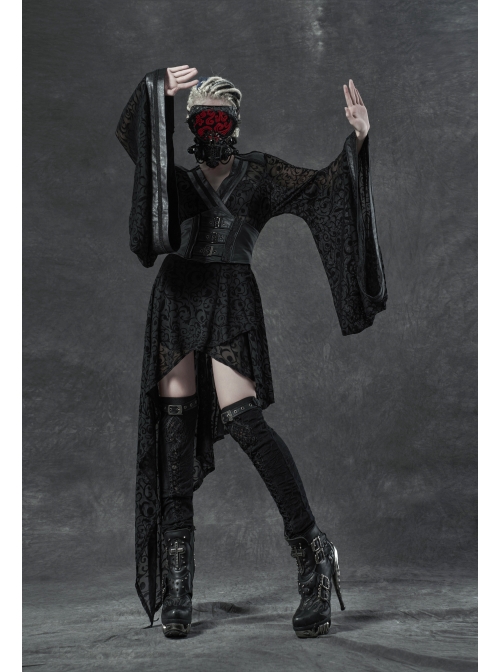 Metal Buckle Loop Lace-Up Front Embroidery Black Gothic Leg Sleeve