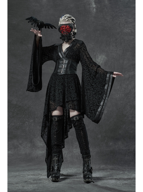 Metal Buckle Loop Lace-Up Front Embroidery Black Gothic Leg Sleeve