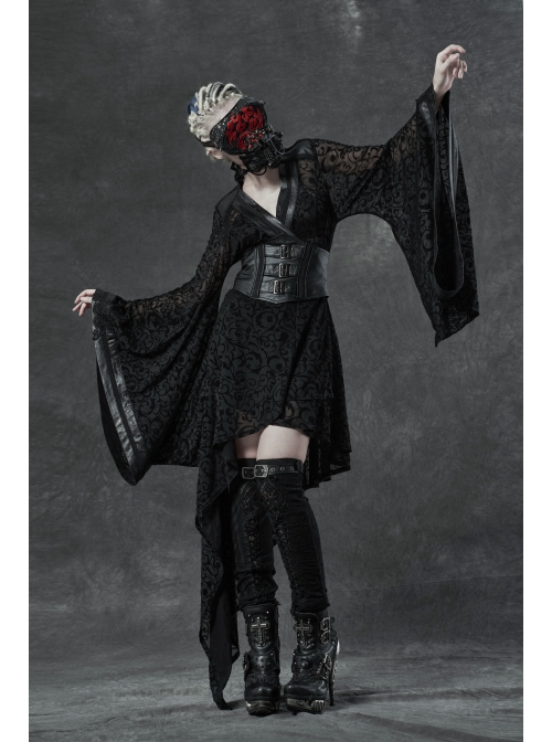 Metal Buckle Loop Lace-Up Front Embroidery Black Gothic Leg Sleeve