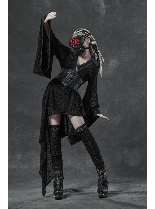 Metal Buckle Loop Lace-Up Front Embroidery Black Gothic Leg Sleeve
