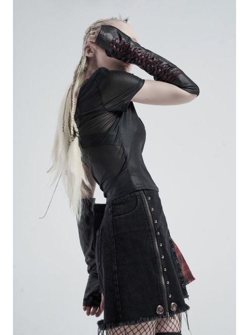 Black Splice Red Lace-Up Gothic Knit Sleeves