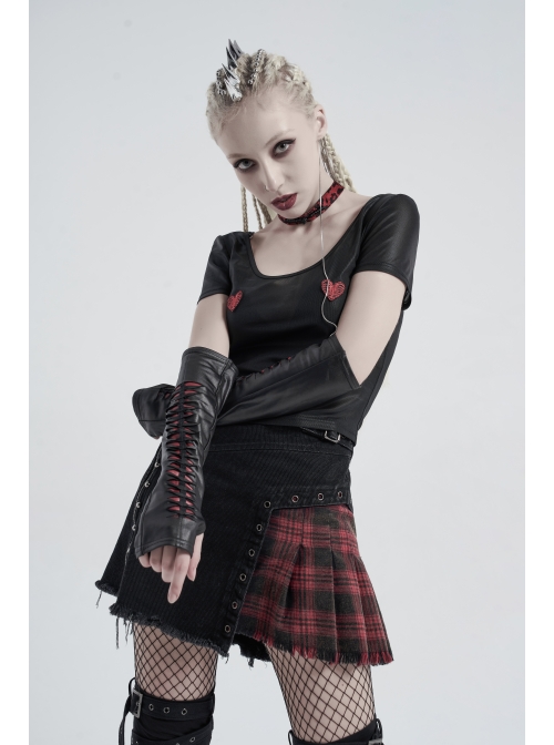 Black Splice Red Lace-Up Gothic Knit Sleeves