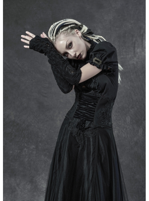 Front Embroidery Lace-Up Black Gothic Knit Sleeves