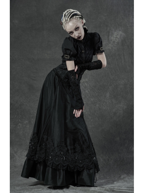 Front Embroidery Lace-Up Black Gothic Knit Sleeves