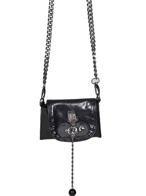 Skull Decoration Metal Pendant Chain Straps Black Punk Mini Leather Bag