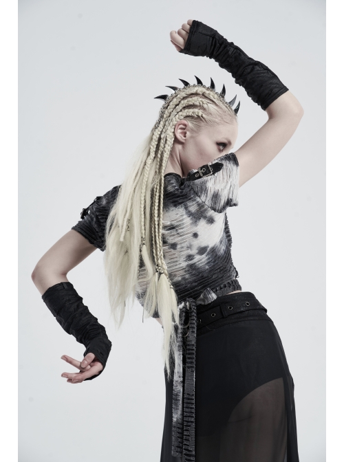 Snakeskin Pattern Broken Holes Mesh Black Punk Fingerless Gloves