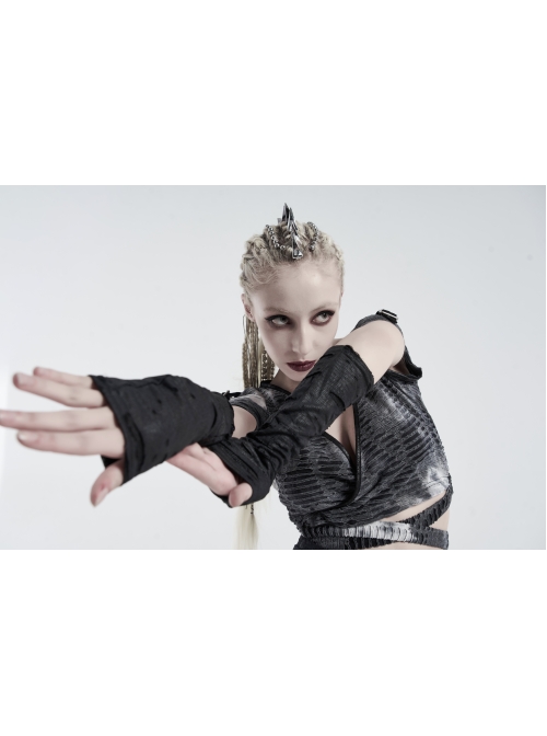 Snakeskin Pattern Broken Holes Mesh Black Punk Fingerless Gloves