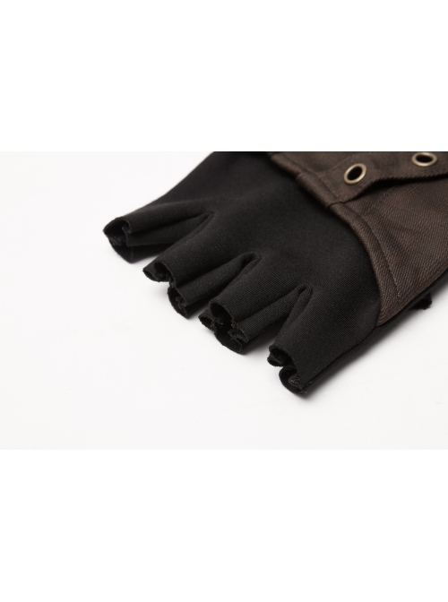 Fake Two Pieces Brown Buckle Straps Black Punk Knit Gloves