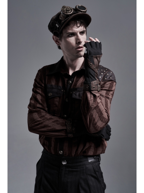 Fake Two Pieces Brown Buckle Straps Black Punk Knit Gloves
