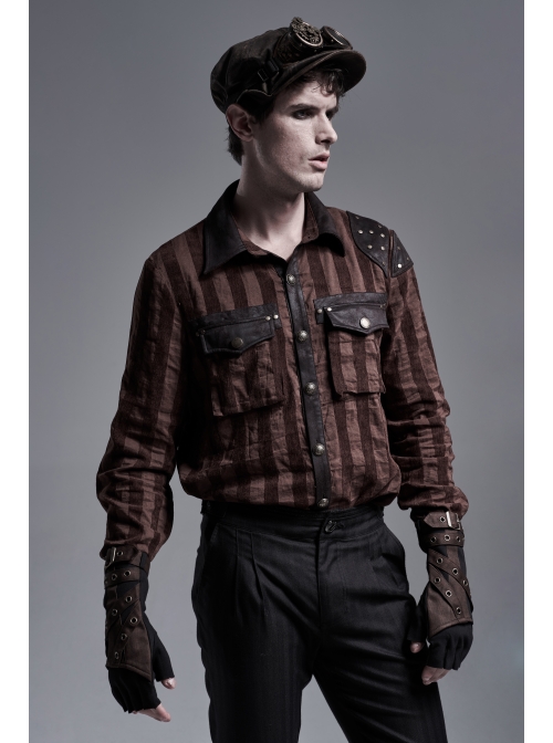 Fake Two Pieces Brown Buckle Straps Black Punk Knit Gloves