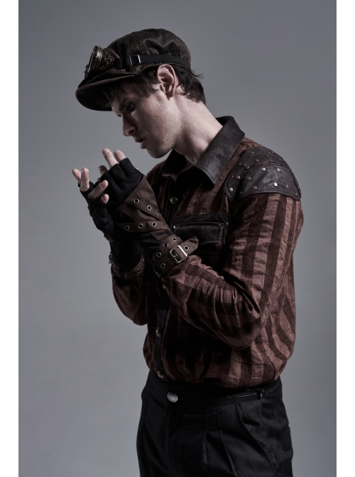 Fake Two Pieces Brown Buckle Straps Black Punk Knit Gloves