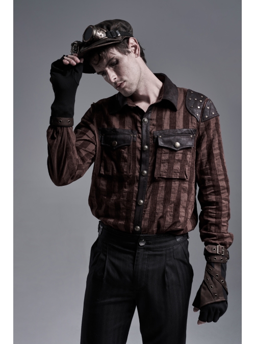 Fake Two Pieces Brown Buckle Straps Black Punk Knit Gloves