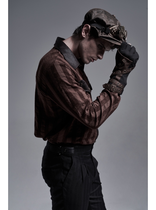Fake Two Pieces Brown Buckle Straps Black Punk Knit Gloves