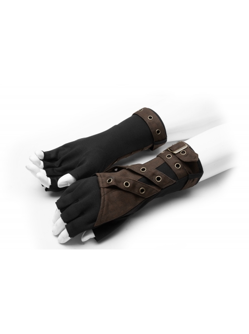 Fake Two Pieces Brown Buckle Straps Black Punk Knit Gloves