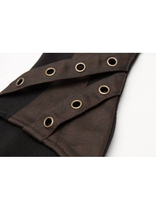 Fake Two Pieces Brown Buckle Straps Black Punk Knit Gloves