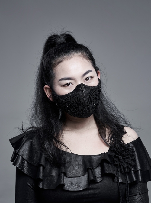 Outside Handmade Bead Embroidery Inside Mesh Knitted Black Gothic Women Mask