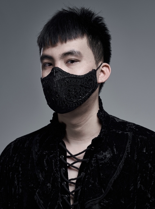 Outside Handmade Bead Embroidery Inside Mesh Knitted Black Gothic Men Mask