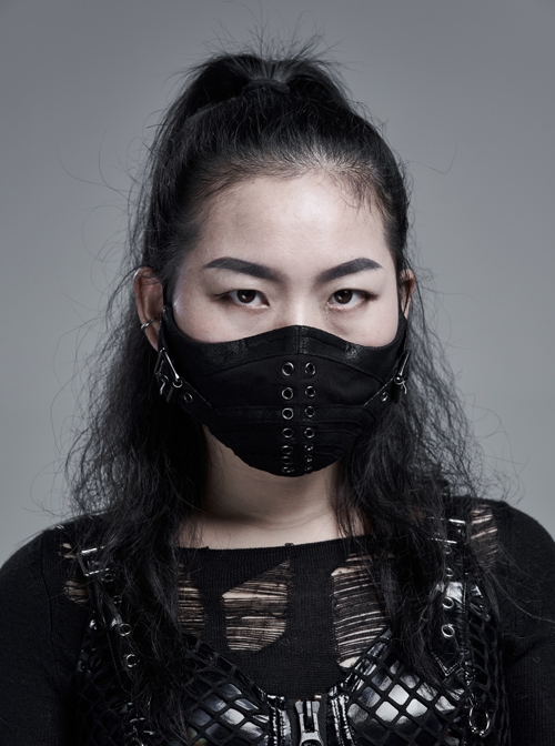 Cracked Texture Leather PU Printing Front Center Eyelets Metal Buckle Black Punk Women Mask