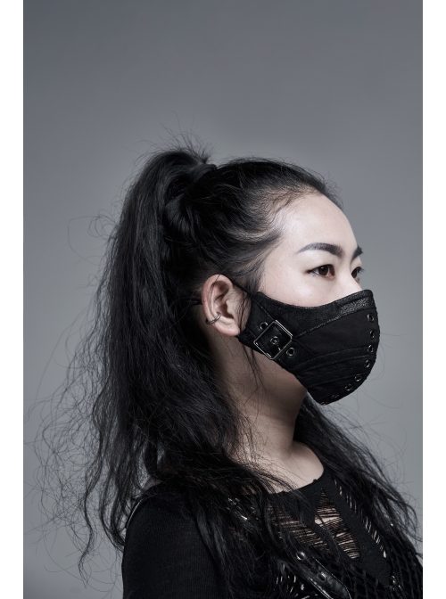 Cracked Texture Leather PU Printing Front Center Eyelets Metal Buckle Black Punk Women Mask