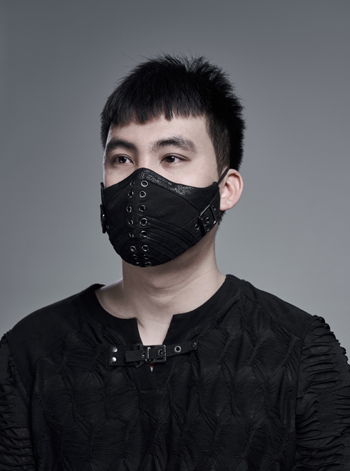 Cracked Texture Leather PU Printing Front Center Eyelets Metal Buckle Black Punk Men Mask