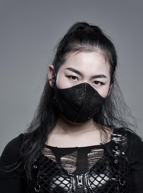 Black Coarse Woven Metal Rings Decoration Quadrilateral Buckle Side Elastic Rope Black Punk Women Mask
