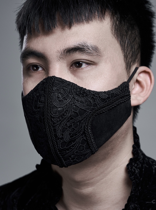 Dark Grain Embossed Front Three-Dimensional Embroidery Lace Black Gothic Men Mask