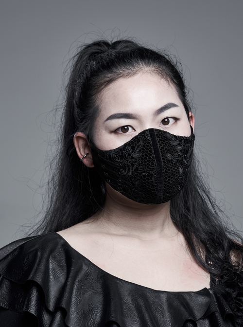 Side Metal Eyelets Lace-Up Weft Velvet Splice Lace Black Gothic Women Mask