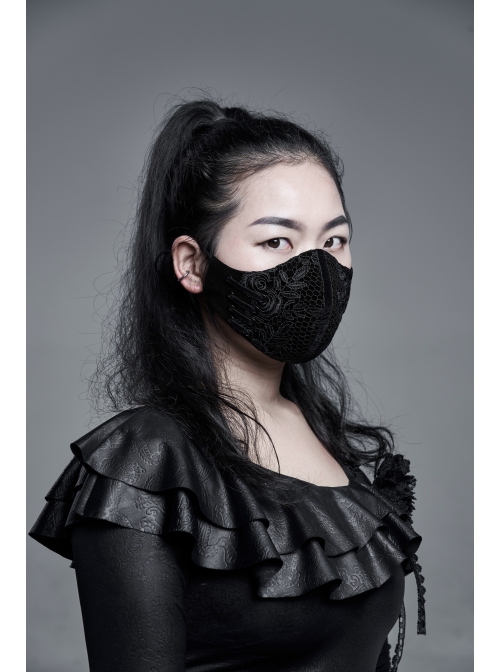 Side Metal Eyelets Lace-Up Weft Velvet Splice Lace Black Gothic Women Mask