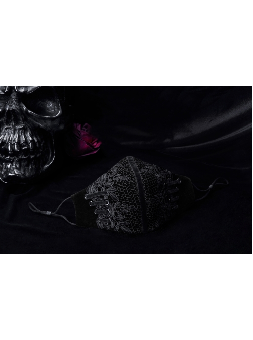 Side Metal Eyelets Lace-Up Weft Velvet Splice Lace Black Gothic Women Mask