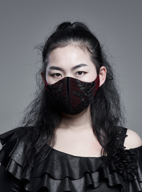 Side Metal Eyelets Lace-Up Weft Velvet Splice Lace Wine Red Gothic Women Mask