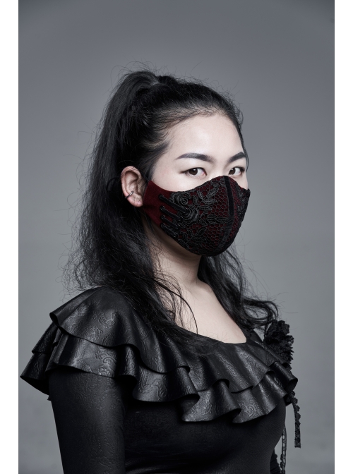 Side Metal Eyelets Lace-Up Weft Velvet Splice Lace Wine Red Gothic Women Mask