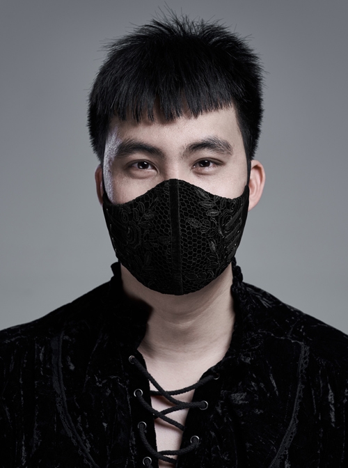 Side Metal Eyelets Lace-Up Weft Velvet Splice Lace Black Gothic Men Mask