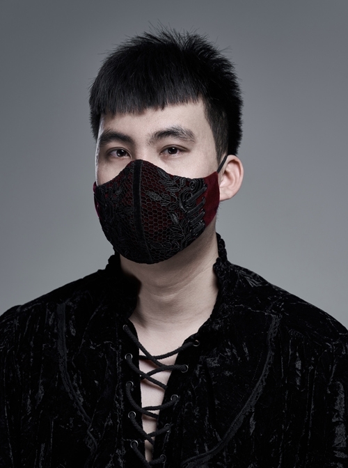 Side Metal Eyelets Lace-Up Weft Velvet Splice Lace Wine Red Gothic Men Mask