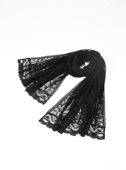 Front Center Bat Pattern Black Gothic Light Lace Shawl