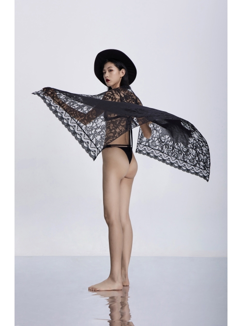 Front Center Bat Pattern Black Gothic Light Lace Shawl