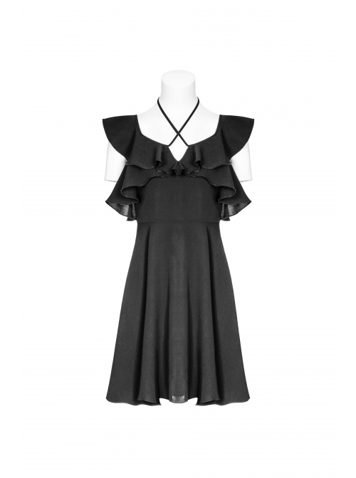 Gothic Cute Female Dark Lotus Leaf Hem Strap Dress