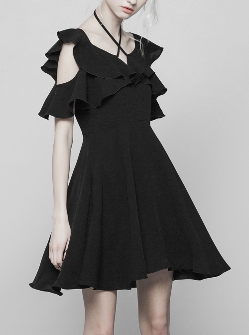 Gothic Cute Female Dark Lotus Leaf Hem Strap Dress