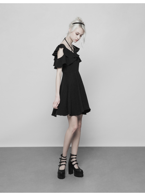 Gothic Cute Female Dark Lotus Leaf Hem Strap Dress