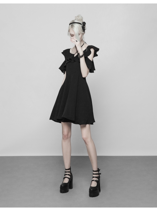 Gothic Cute Female Dark Lotus Leaf Hem Strap Dress