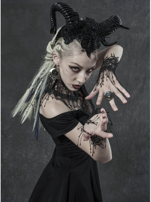Hollow Vine Lace Tassel Hem Lobster Buckles Small Chains Black Gothic Gloves Neck Cover Three-Piece Set