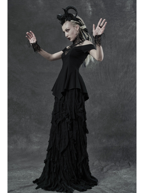 Hollow Vine Lace Tassel Hem Lobster Buckles Small Chains Black Gothic Gloves Neck Cover Three-Piece Set