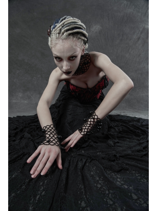 Hollow-Out Pearl Chain Black Gothic Pearl Sleeves And Collar Three-Piece Set