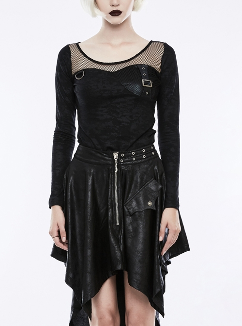 Front Chest Splice Mesh Metal Buckle Strap Round Collar Long Sleeve Black Punk Print Knit Leather T-Shirt